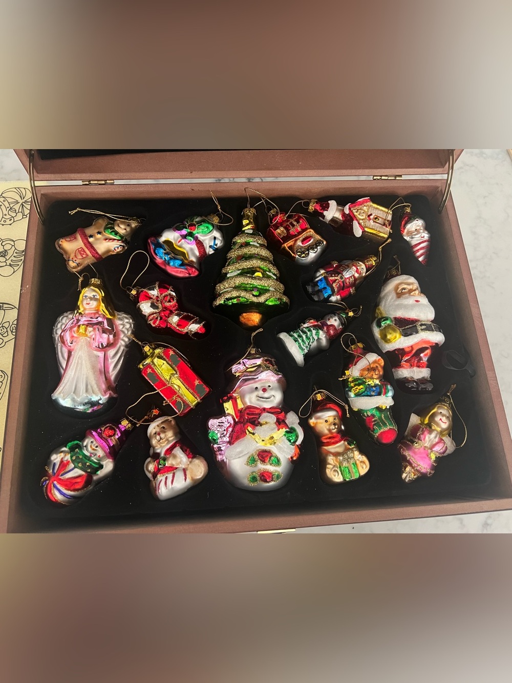 36 Hand Painted Blown Glass Christmas Ornaments Heirloom Wooden Keepsake Box